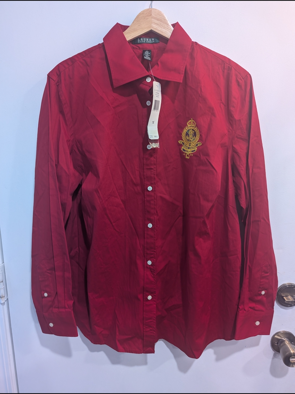 Lauren Ralph Lauren New Red Crest-Embroidered Women's Button-Up Shirt Size 1X